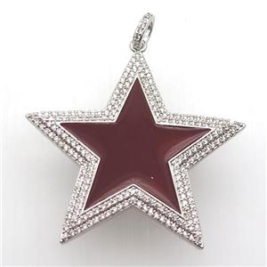 copper star pendant paved zircon, red enameling, platinum plated, approx 45mm dia [FN12738]