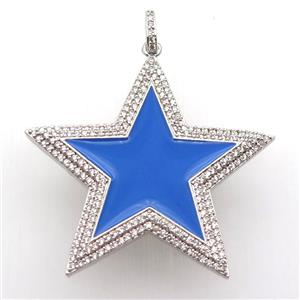 copper star pendant paved zircon, blue enameling, platinum plated, approx 45mm dia [FN12739]