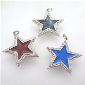copper star pendant paved zircon, enameling, platinum plated, mixed, approx 45mm dia [FN12740]