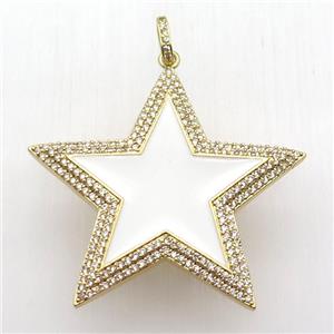 copper star pendant paved zircon, white enameling, gold plated, approx 45mm dia [FN12741]