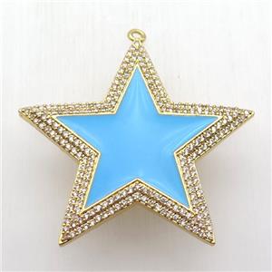 copper star pendant paved zircon, blue enameling, gold plated, approx 45mm dia [FN12743]