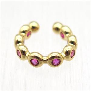 copper Clip Earrings paved hotpink zircon, gold plated, approx 12mm dia [FN12770]
