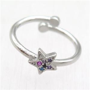 copper Ring paved zircon, resizable, star, platinum plated, approx 8mm, 17mm dia [FN12774]