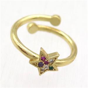 copper Ring paved zircon, resizable, star, gold plated, approx 8mm, 17mm dia [FN12780]