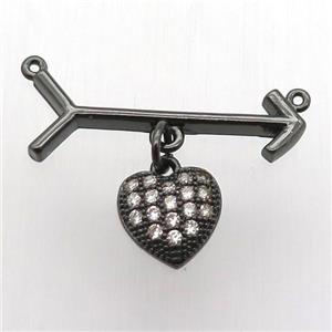 copper arrow pendant, heart, black plated, approx 10mm, 10-28mm [FN12829]