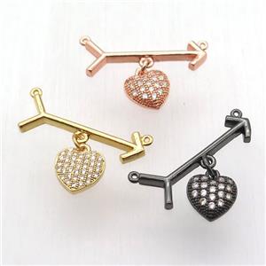 copper arrow pendant with 2loops, heart, rose gold, approx 10mm, 10-28mm [FN12830]