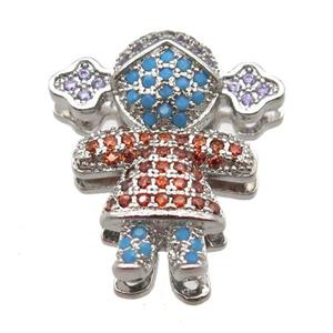 copper girl beads paved zircon, platinum plated, approx 16-20mm, 2x10mm hole [FN12845]