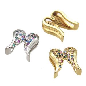 copper angel wing beads paved zircon, mixed color, approx 12-14mm, 2x10mm hole [FN12867]