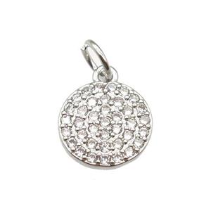 copper circle pendant paved zircon, platinum plated, approx 10mm dia [FN12871]