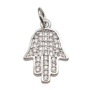 copper hamsahand pendant paved zircon, platinum plated, approx 10-14mm [FN12910]