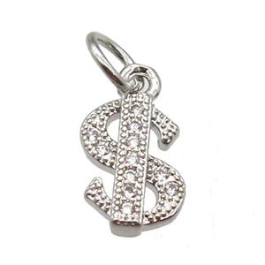 copper dollar-sign pendant paved zircon, platinum plated, approx 6-10mm [FN12923]