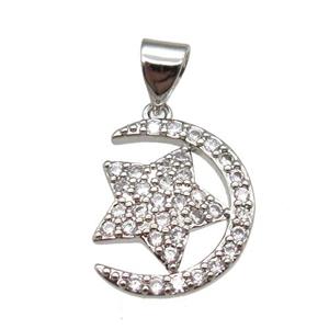 copper moon star pendant paved zircon, platinum plated, approx 12-16mm [FN12999]