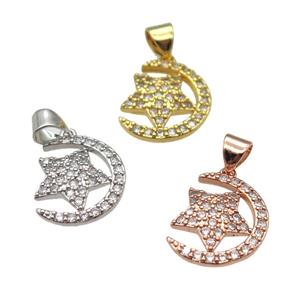 copper moon star pendant paved zircon, mixed color, approx 12-16mm [FN13002]