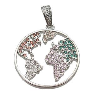 copper worlds-map pendant paved zircon, platinum plated, approx 20mm dia [FN13003]