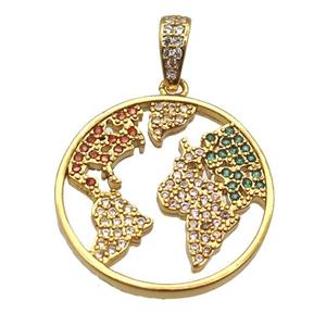 copper worlds-map pendant paved zircon, gold plated, approx 20mm dia [FN13004]
