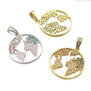 copper worlds-map pendant paved zircon, mixed color, approx 20mm dia [FN13005]