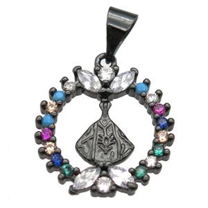 copper Wreath pendant paved zircon, black plated, approx 16mm dia [FN13009]
