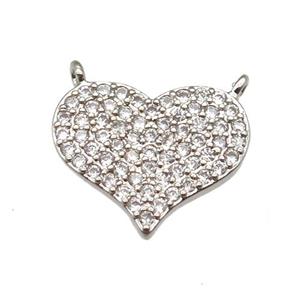 copper heart pendant paved zircon with 2loops, platinum plated, approx 12-15mm [FN13014]