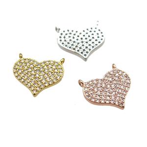 copper heart pendant paved zircon with 2loops, mixed color, approx 12-15mm [FN13017]