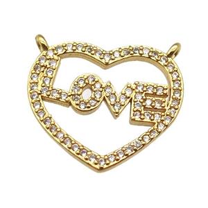 copper LOVE heart pendant paved zircon with 2loops, gold plated, approx 16-18mm [FN13019]