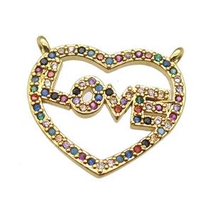 copper LOVE heart pendant paved zircon with 2loops, gold plated, approx 16-18mm [FN13023]