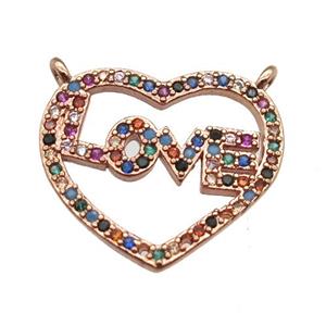 copper LOVE heart pendant paved zircon with 2loops, rose gold, approx 16-18mm [FN13024]