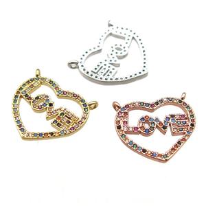 copper LOVE heart pendant paved zircon with 2loops, mixed color, approx 16-18mm [FN13025]