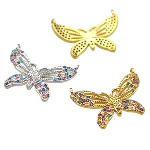 copper butterfly pendant paved zircon with 2loops, mixed color, approx 15-23mm [FN13032]