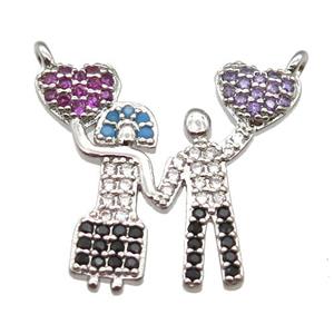 copper Couple pendant pave zircon with 2loops, platinum plated, approx 18-20mm [FN13033]