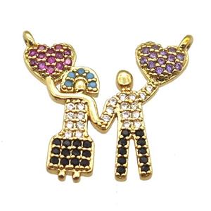 copper Couple pendant pave zircon with 2loops, gold plated, approx 18-20mm [FN13034]