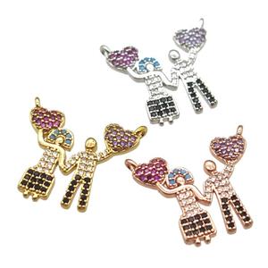 copper Couple pendant pave zircon with 2loops, mixed color, approx 18-20mm [FN13036]