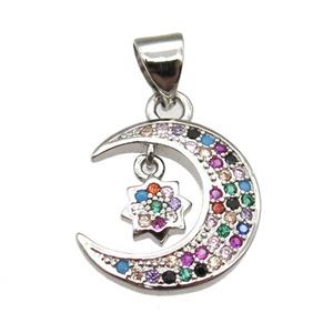 copper moon pendant pave zircon, platinum plated, approx 14-15mm [FN13037]