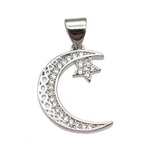 copper moon pendant pave zircon, platinum plated, approx 13-18mm [FN13040]
