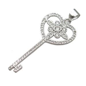 copper Key charm pendant pave zircon, platinum plated, approx 16-32mm [FN13045]