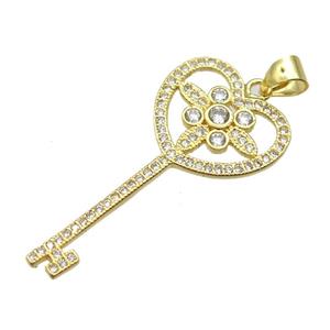 copper Key charm pendant pave zircon, gold plated, approx 16-32mm [FN13046]