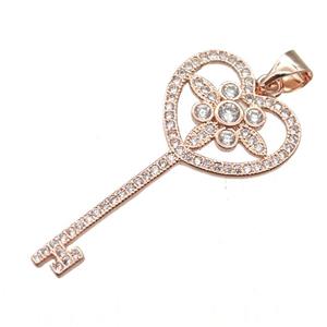 copper Key charm pendant pave zircon, rose gold, approx 16-32mm [FN13047]
