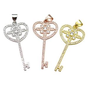 copper Key charm pendant pave zircon, mixed color, approx 16-32mm [FN13048]