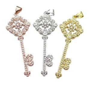 copper Key charm pendant pave zircon, mixed color, approx 15-40mm [FN13052]