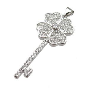 copper Key pendant pave zircon, platinum plated, approx 16-37mm [FN13053]