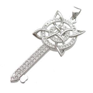 copper Key pendant pave zircon, platinum plated, approx 16-37mm [FN13056]