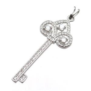 copper Key pendant pave zircon, platinum plated, approx 18-40mm [FN13060]