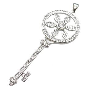 copper Key pendant pave zircon, platinum plated, approx 22-57mm [FN13064]