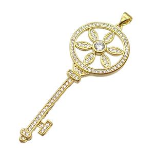 copper Key pendant pave zircon, gold plated, approx 22-57mm [FN13065]
