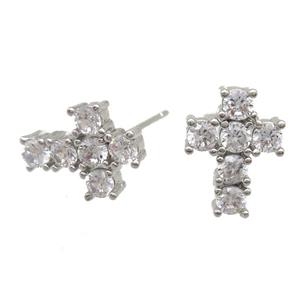 copper studs Earring paved zircon, cross, platinum plated, approx 9-12mm [FN13211]