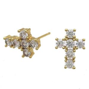 copper studs Earring paved zircon, cross, gold plated, approx 9-12mm [FN13212]