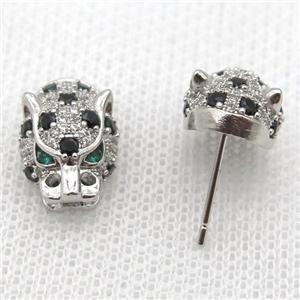 copper studs Earring paved zircon, leopard, platinum plated, approx 11-16mm [FN13213]