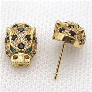 copper studs Earring paved zircon, leopard, gold plated, approx 11-16mm [FN13214]