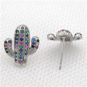 copper studs Earring paved zircon, cactus, platinum plated, approx 14mm [FN13217]