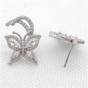copper studs Earring paved zircon, butterfly, platinum plated, approx 17-22mm [FN13219]