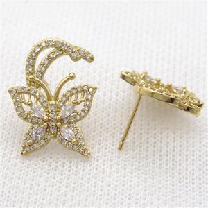copper studs Earring paved zircon, butterfly, gold plated, approx 17-22mm [FN13220]